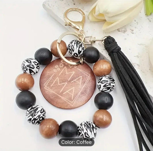 Handcrafted Boho Chic 'MAMA' Wooden Beads Bracelet & Keychain with Tassel | Perfect Gift for Moms