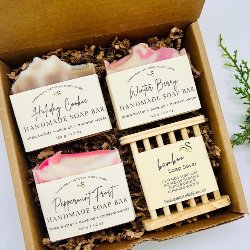 Seasonal Handmade Bar Soap & Bamboo Soap Saver Dish Gift Set – The Perfect Duo for Self-Care