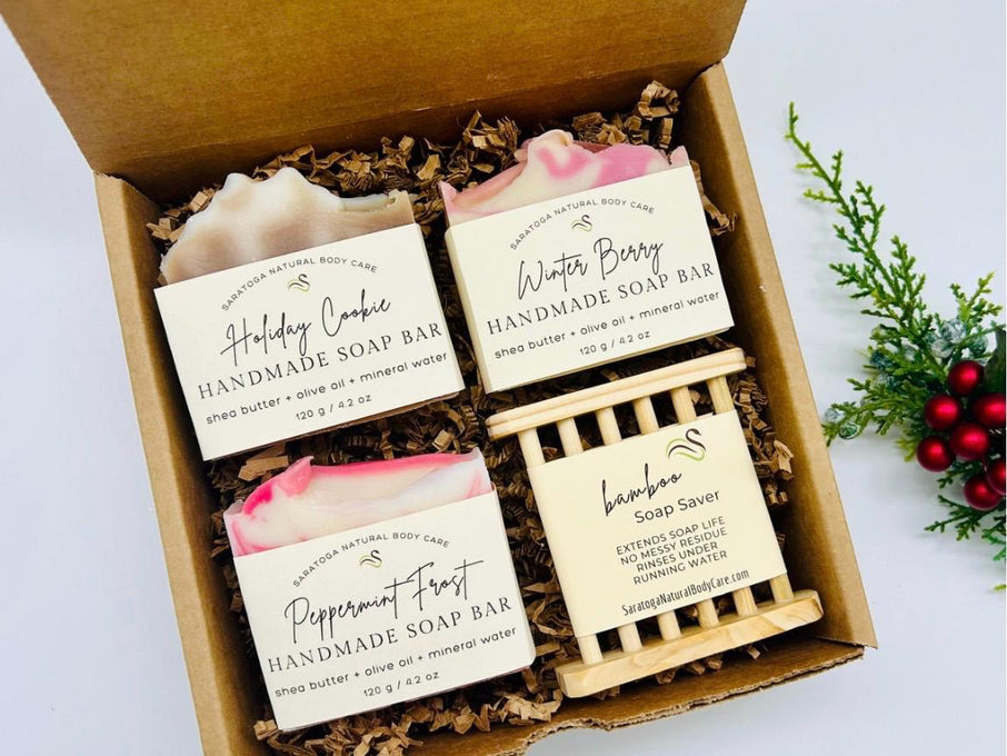 Seasonal Handmade Bar Soap & Bamboo Soap Saver Dish Gift Set – The Perfect Duo for Self-Care